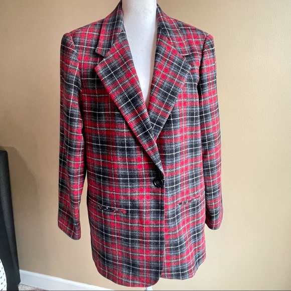 VTG Requirements Womens Blazer Red Plaid Wool Blend 1 Button Jacket Size 10 - Picture 2 of 16